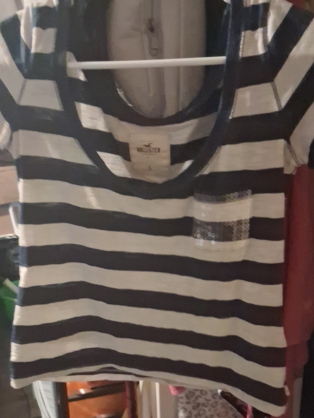 Hollister Navy and White Striped Short Sleeve Tee with Sequin Pocket
